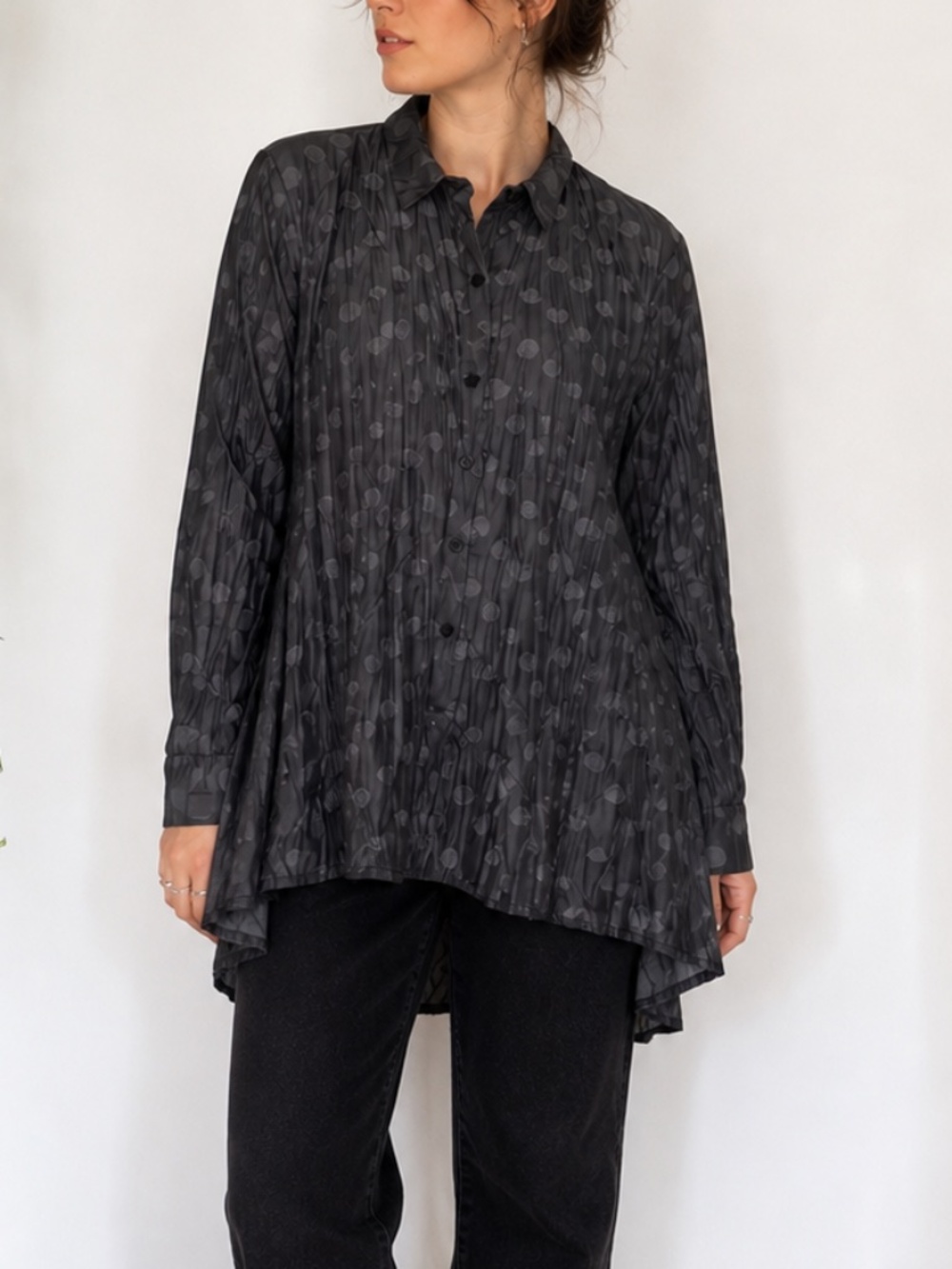 Sun Kim Gray Polka Dot Pleated Tunic Blouse High Low Hem Oversized S